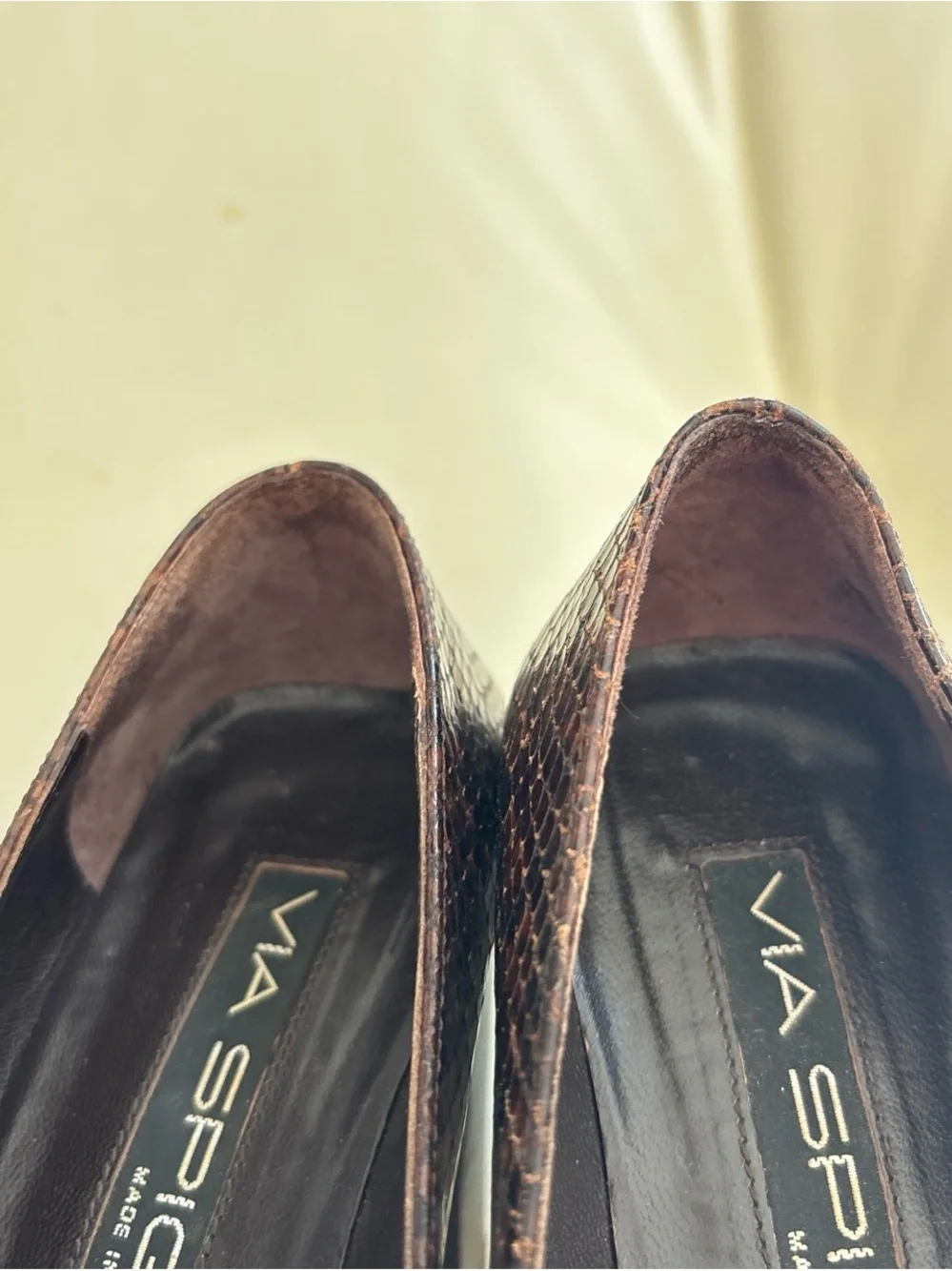 Via Spiga Brown Snake-Embossed Leather Block Heel Loafers